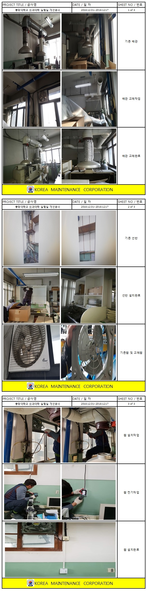 중앙대학교의과대학 실험실 환기공사 및 기타공사 현장 작업보고서 1